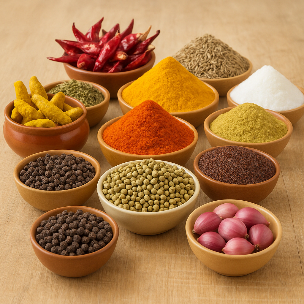 Assorted spices and ingredients in bowls